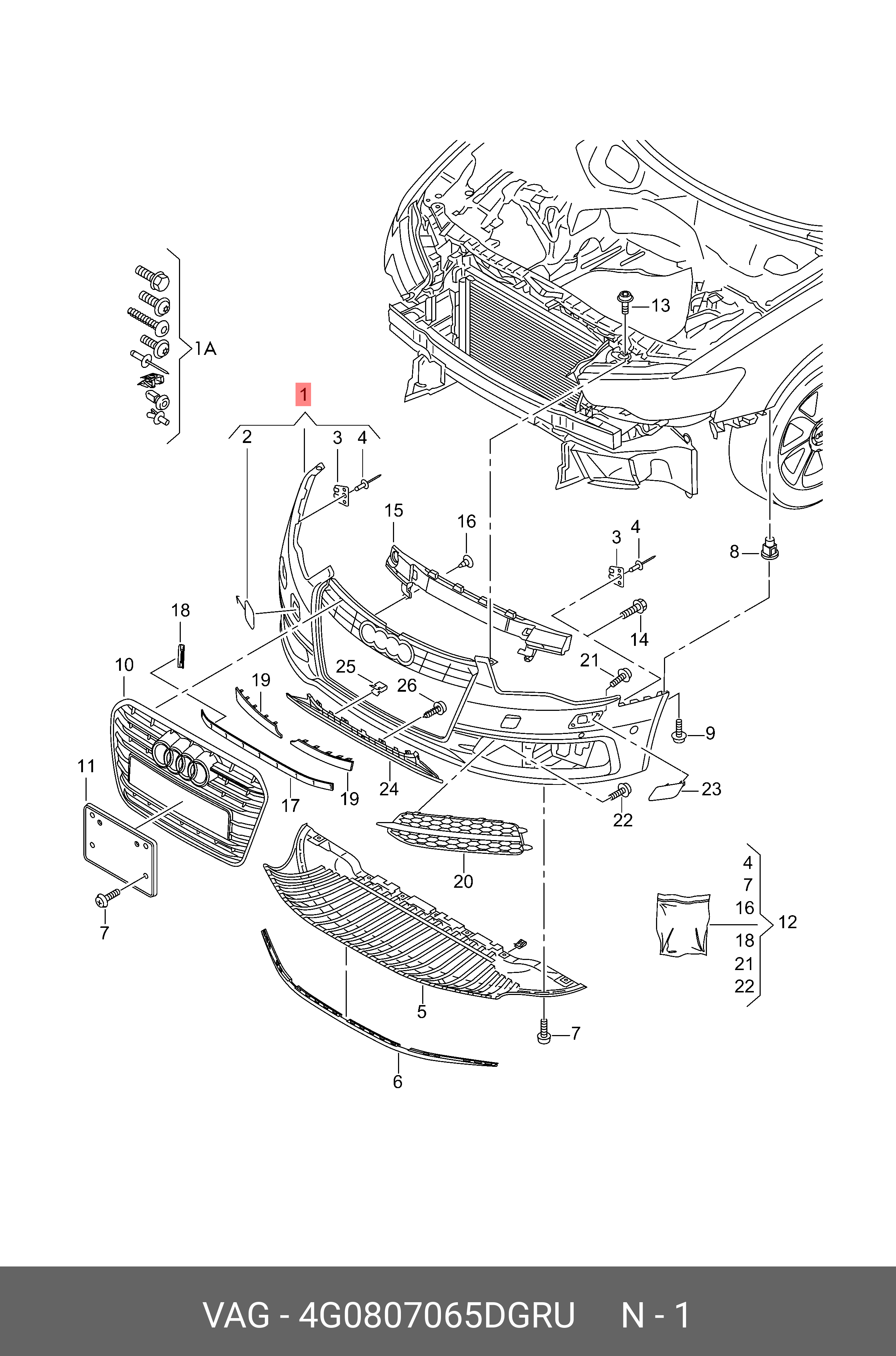 Audi FRONT BUMPER ASSEMBLY WITH GRILLE 4G0807065D GRU Spare Parts