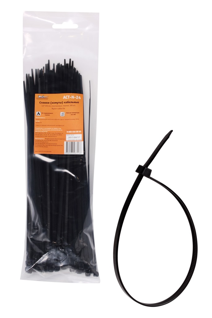 Стяжки (хомуты) кабельные 3,6*250 мм, пластиковые, черные, 100 шт.