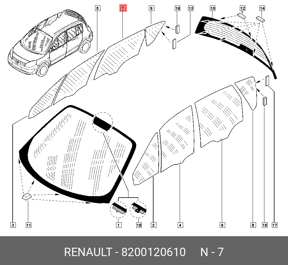 Стекло правой задней двери (Renault) 8200120610