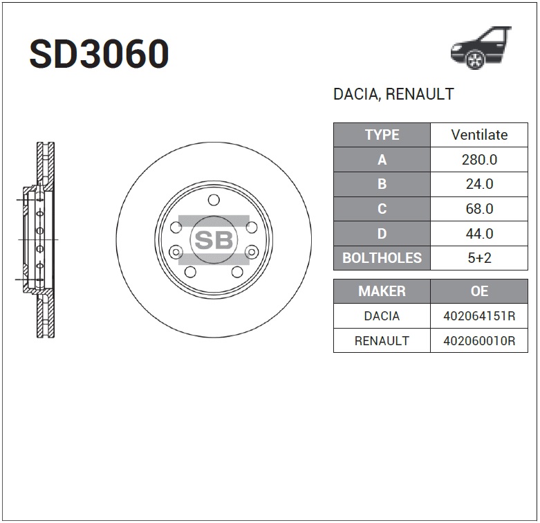 диск тормозной передний 280мм*24мм  DUSTER 2.0, 1.6ESP, 1.5DCI/ FLUENCE/ MEGANE3/ LAGUNA3/ MEGANE4/Kaptur 1.6