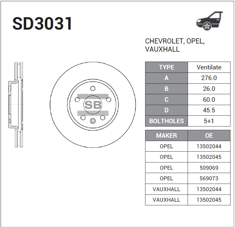 Диск тормозной передний вентилируемый (Chevrolet) SD3031