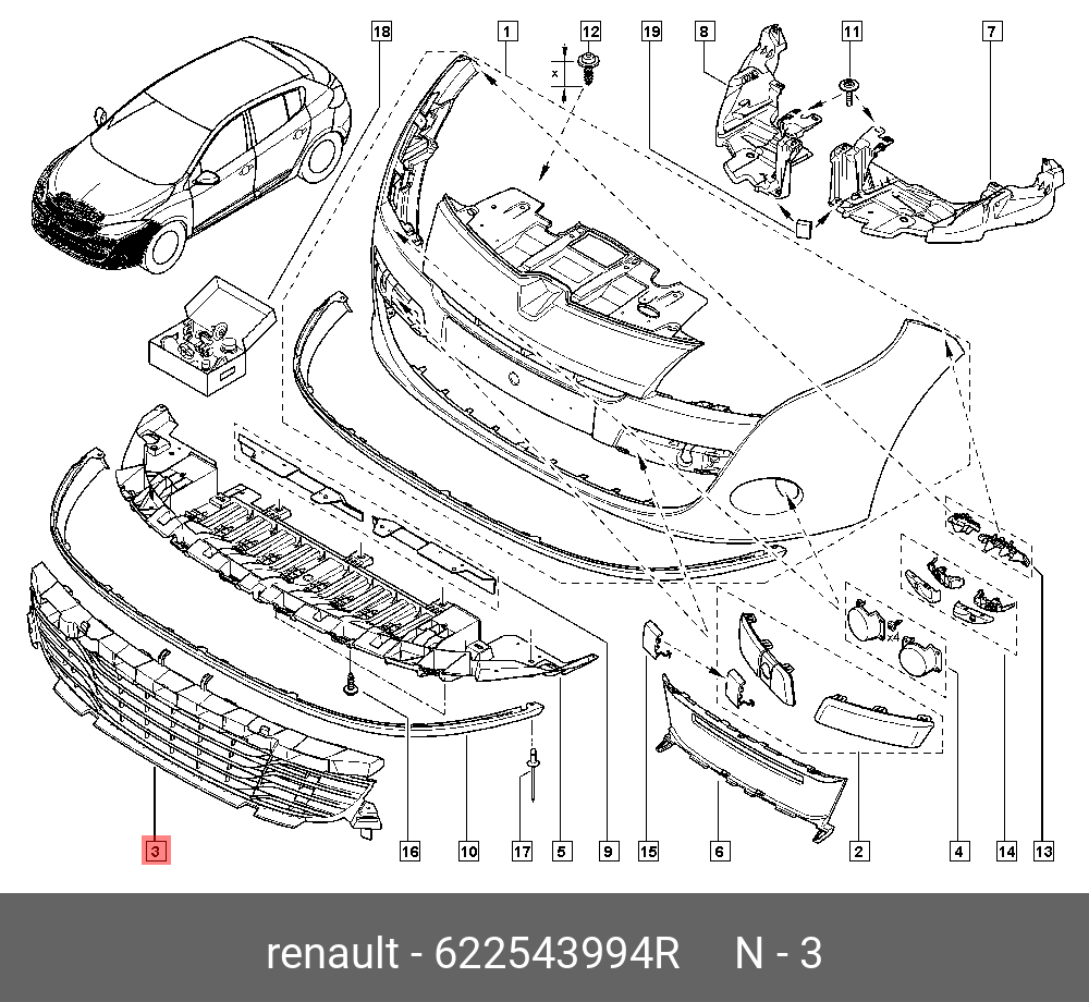 Removal and installation of a forward bumper (Renault Megan 2, 2002-2009, petrol