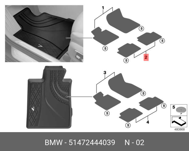 New OEM BMW 7 Series G11 G12 LHD All Weather Rubber Floor Mats Rear 2444039