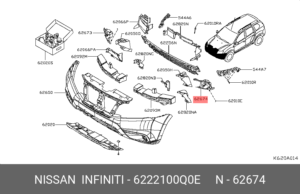  Кронштейн крепления противотуманной фары правая (Nissan) 6222100Q0E