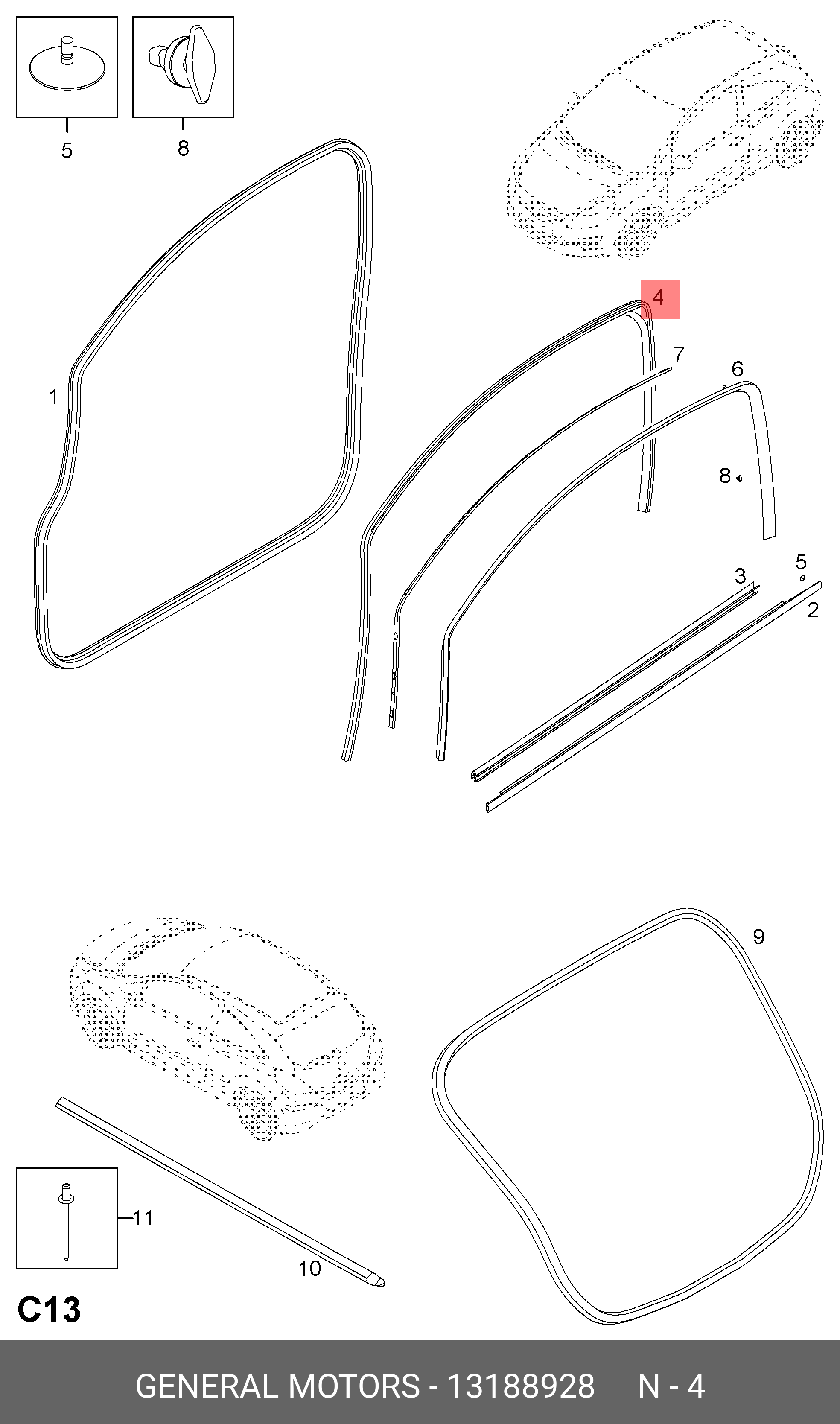 13188928 Уплотнитель окна двери GENERAL MOTORS купить, цена в Челябинске