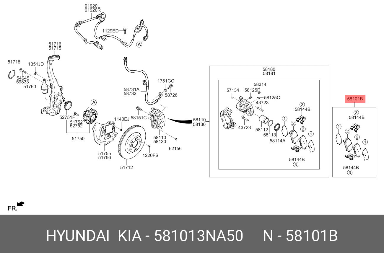 Колодки тормозные, комплект, передние   HYUNDAI/KIA арт. 581013NA50
