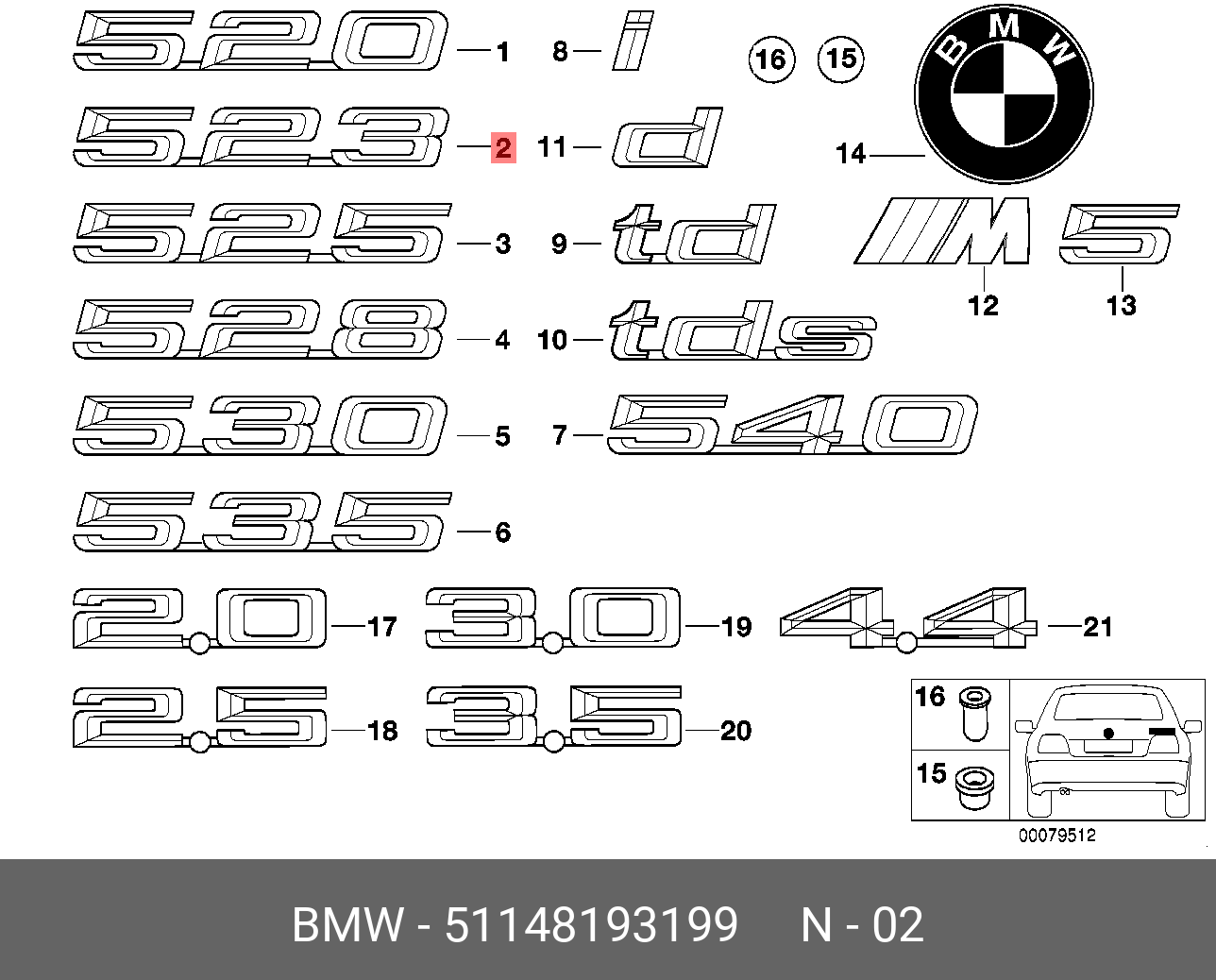 Genuine BMW E39 Sedan Trunk Lid 523 Emblem Badge Logo OEM 51148193199