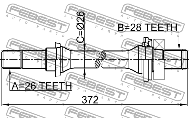 вал приводной промежуточный правый МКПП 28x372x26 с подшипником и сальником 38X62X5X12.6 без стопорного кольца