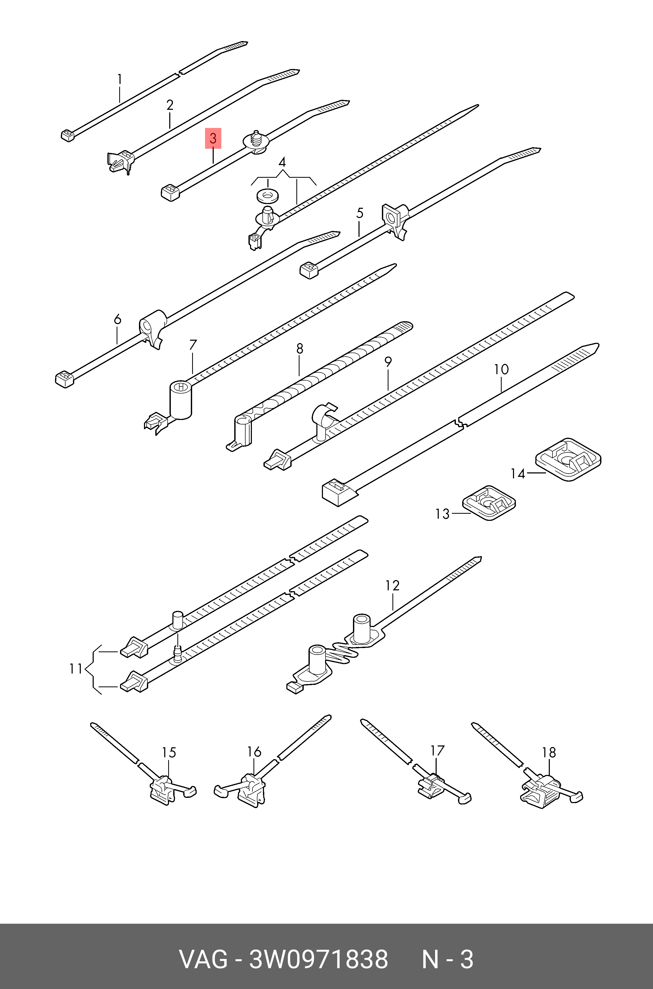 3W0971838 (3W0 971 838) VAG Хомут проводки | Купить запчасть