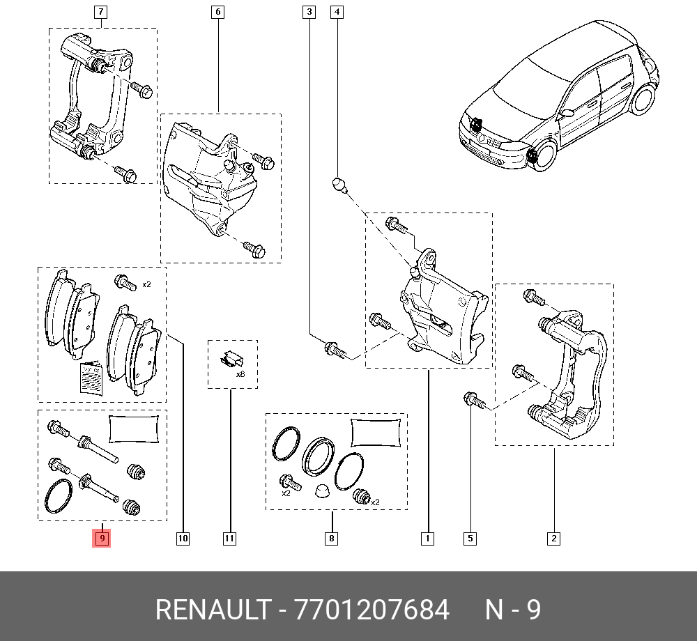 7701207684 RENAULT Направляющие скобы суппорта (ремкомплект)