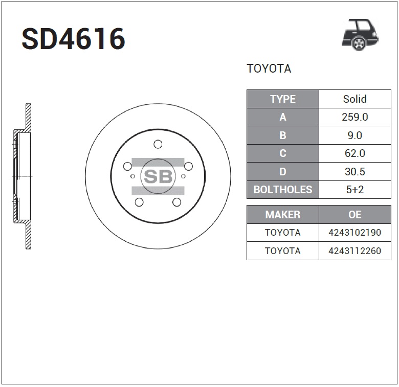 диск тормозной задний TOYOTA AURIS (E150, E180) 07-13-, COROLLA (E150, E180) 07-13- 259*30.4