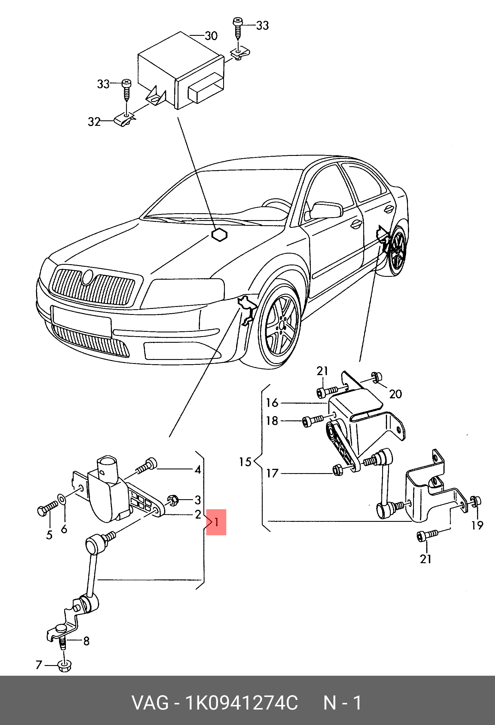 Купить Датчик угла наклона фар AUDI: A3 08-  SKODA: OCTAVIA 09-, SUPERB  08-, YETI 10- производителя VAG артикул 1K0 941 274 C в Крыму (Симферополь,  Евпатория , Саки)