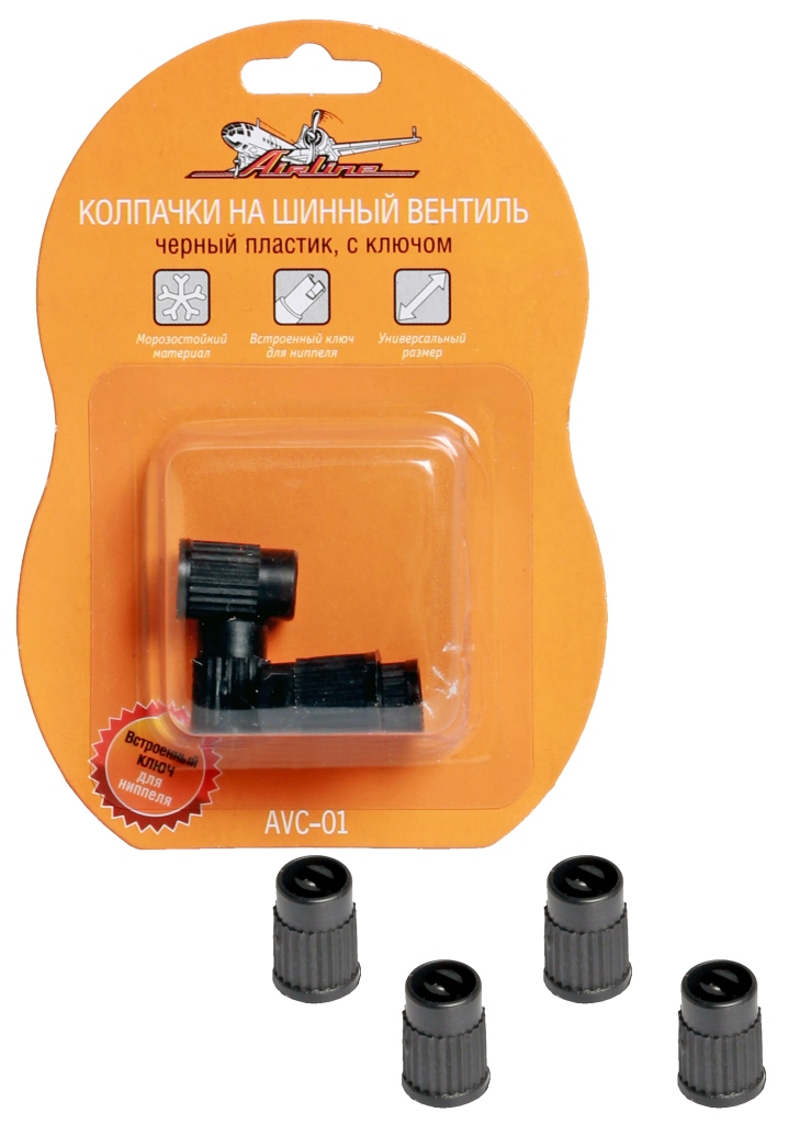 Колпачки на шинный вентиль с ключом, черные, пластик, 4 шт. (AVC-01)