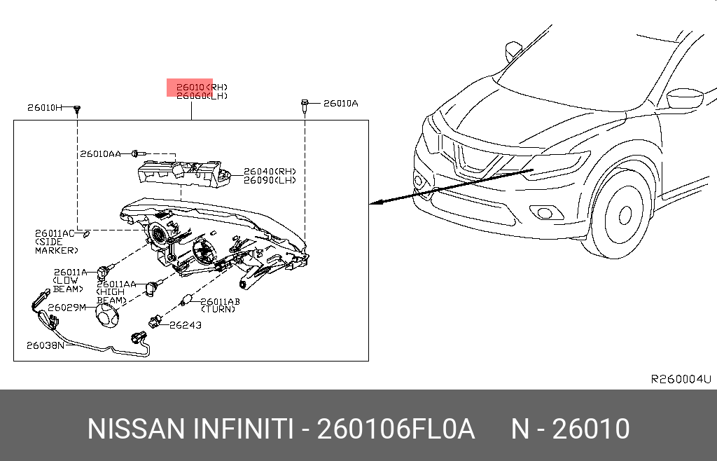 Nissan X-TRAIL 18-20 HEAD LAMP USA RH - 26010-6FL0A | Spare Parts